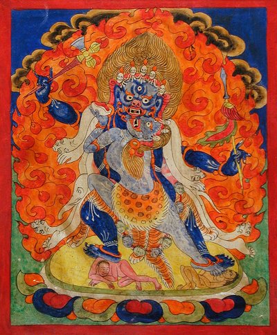 Przerażające bóstwo w Yab-Yum, XIX w. (pigmenty mineralne na tkaninie bawełnianej) autorstwa Tibetan School