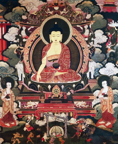 Budda siedzący pomiędzy swoimi dwoma wielkimi uczniami, Cariputrą i Maudgalyayaną, sceny z życia Buddy Siakjamuniego, cywilizacja tybetańska autorstwa Tibetan School
