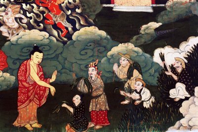 Ofiarowanie wiązek trawy, sceny z życia Buddy Siakjamuniego autorstwa Tibetan School