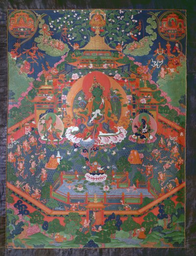 Thangka przedstawiająca Zieloną Tarę (gwasz na tkaninie) autorstwa Tibetan School