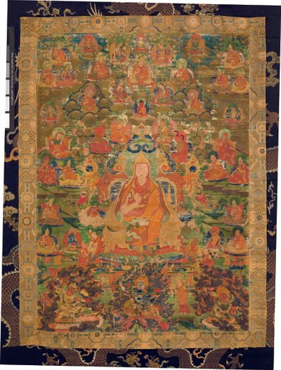 Trzeci Panczenlama Losan Penden Yeshe (gwasz na tkaninie) autorstwa Tibetan School