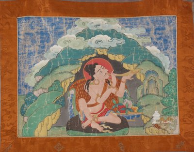 Mahasiddha Krishnacharya, z częściowego zestawu thanek, początek XIX wieku (pigmenty mineralne na klejonej bawełnie; oryginalne oprawki brokatowe) autorstwa Tibetan School
