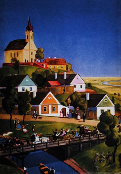 Typowa węgierska wioska, ilustracja z broszury turystycznej, ok. 1930-40 (kolor lito) autorstwa Tibor Polya