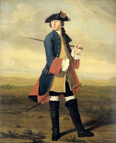 Portret Ludolfa Backhuysena II, malarza, w mundurze dragonów autorstwa Tibout Regters