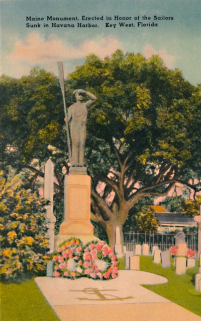Pomnik Maine na cześć żeglarzy zatopionych w porcie w Hawanie. Key West, Floryda”, c1940 autorstwa Tichnor Brothers