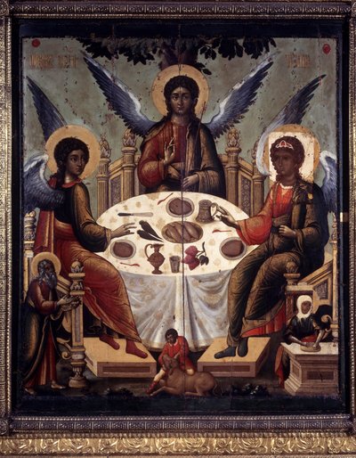 „Gościnność Abrahama” Abraham podaje baranka trzem aniołom, którzy przyszli prosić go o gościnę. Obraz Tichona Filatyjewa (czynny ok. 1675-1697) XVII-wieczna katedra Zaśnięcia na Kremlu w Moskwie autorstwa Tichon Filatyev