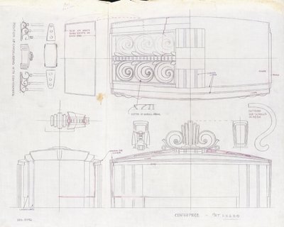 Rysunek projektu centrali ekspozycji Tiffany & Co. i dwóch trójświetlnych kandelabrów, wykonany na Wystawę Światową 1939, ok. 1939 (tusz na papierze) autorstwa Tiffany and Company