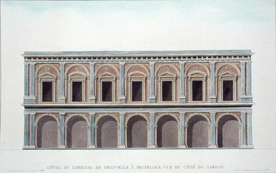 Residence of Cardinal de Granvelle (1517-86), Bruksela, Widok z ogrodu, z „Wybór najbardziej niezwykłych zabytków, budynków i domów Królestwa Niderlandów” Pierre Jacques Goetghebuer, opublikowany 1827 (akwatinta) (zob. także 189226) autorstwa Tilman-Francois (after) Suys