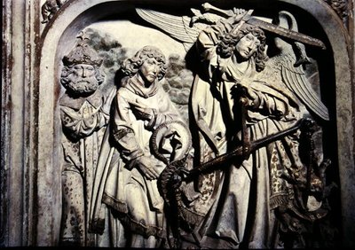 Grób Henryka II (973-1024) i jego żony Kunigundy, szczegół ważenia serca Henryka II w obecności św. Wawrzyńca autorstwa Tilman Riemenschneider