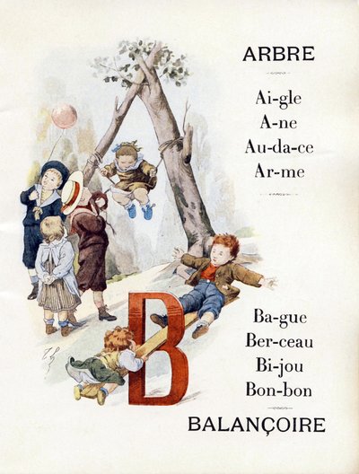 Litery A i B przedstawiające dzieci bawiące się na huśtawce, koniec XIX w. (chromolitografia) autorstwa Timoleon Marie Lobrichon