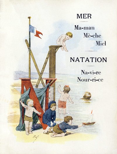 Litery M i N przedstawiające dzieci na plaży, koniec XIX wieku (chromolitografia) autorstwa Timoleon Marie Lobrichon