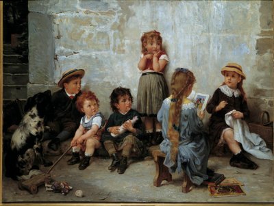 Pasjonujący fragment Dzieci słuchające książki. Obraz Timoleona Lobrichona (1831-1914) XIX wiek. Prywatna kolekcja autorstwa Timoleon Marie Lobrichon