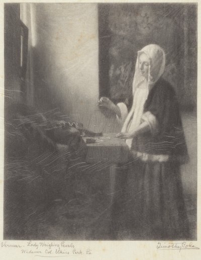 Kobieta ważąca perły autorstwa Timothy Cole after Johannes Vermeer
