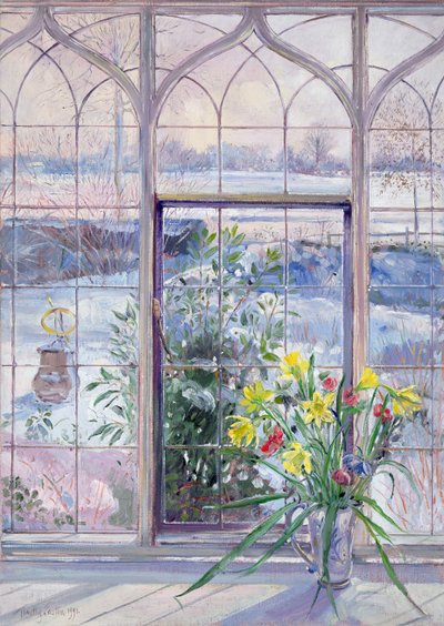 Żonkile i zegar słoneczny na tle śniegu autorstwa Timothy Easton
