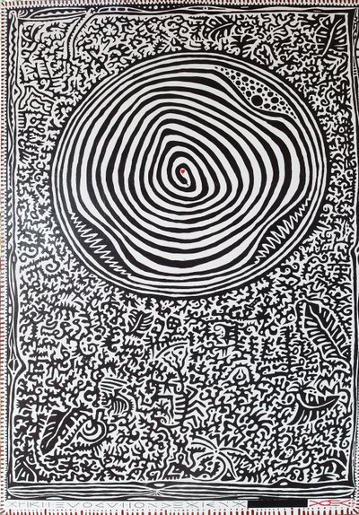 Miłość w dżungli, 2012, olej na drewnie autorstwa Timothy Nathan Joel