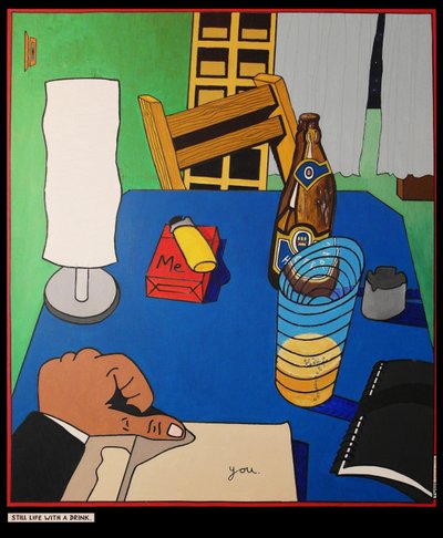 Martwa natura z napojem, 2001, olej na płótnie autorstwa Timothy Nathan Joel