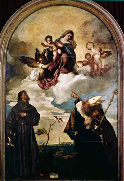 Madonna w chwale z Dzieciątkiem, świętymi Franciszkiem i Alvise oraz darczyńcą Luigi Gozzi autorstwa Titian (c.1488 1576)
