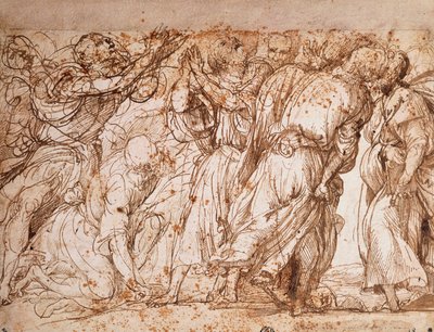 Studium grupy apostołów w kościele Wniebowzięcia Frari w Wenecji, Tiziano Vecellio (ok. 1490-1576), rysunek piórem i tuszem autorstwa Titian (c.1488 1576)