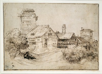 Wioska alpejska i objęcie kochanków (pióro i atrament na papierze) autorstwa Titian (c.1488 1576) (after)