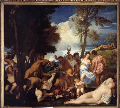 Przybycie Bachusa na wyspę Andros (Bachanał Andrii). Przylot z Bachusa na wyspę Andros. Obraz przedstawiający Fete satyry i bachantki na cześć boskiego Bachusa (Bakan). Obraz Tiziano Vecellio zwany Tycjanem (1485-1576), v autorstwa Tiziano Vecelli