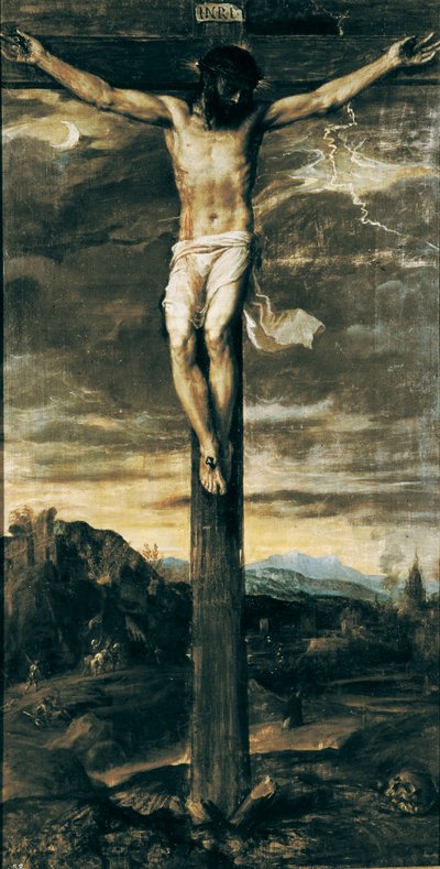 „Chrystus Ukrzyżowany”. Na krzyżu napis „INRI”. autorstwa Titian (c.1488 1576)