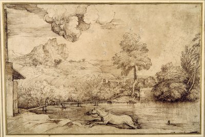 Krajobraz: koń bez jeźdźca ścigany przez węża (pióro i brązowy tusz na kremowym papierze) autorstwa Titian (c.1488 1576)