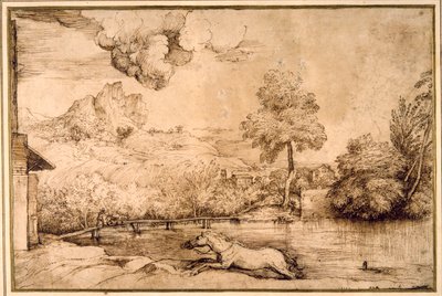Krajobraz: koń bez jeźdźca ścigany przez węża (długopis i brązowy tusz na kremowym papierze) autorstwa Titian (c.1488 1576)