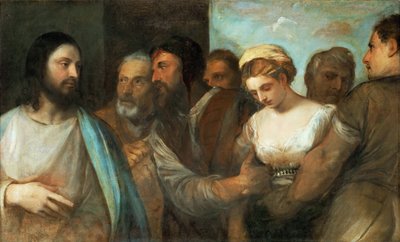 Le Christ et la femme adultere - Chrystus i kobieta przyłapana na cudzołóstwie, Tycjan (1488-1576). olej na płótnie, ok. 1520. Wymiar : 82,5x136,5 cm. Muzeum Historii Sztuki, Wiedeń autorstwa Tiziano Vecelli
