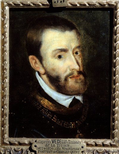 Portret cesarza Karola V (1500-1558) Obraz Augustyna Quesnela (1595-1661) według Tiziano Vecellio znanego jako Tycjan (1485-1576) XVI wiek. Chantilly, Musee Conde autorstwa Titian (c.1488 1576)