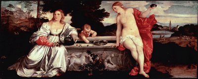 Święta miłość i świecka miłość Obraz Tiziano Vecellio zwany Tycjanem (1490-1576) ok. 1515 r. Słońce. 118x279 cm Rzym, Galleria Borghese - Miłość święta i bluźniercza - Obraz Tiziano Vecellio, zwany Tycjanem (ok.1488-1576), olej na płótnie, ca. 1515 (118x27 autorstwa Tiziano Vecelli