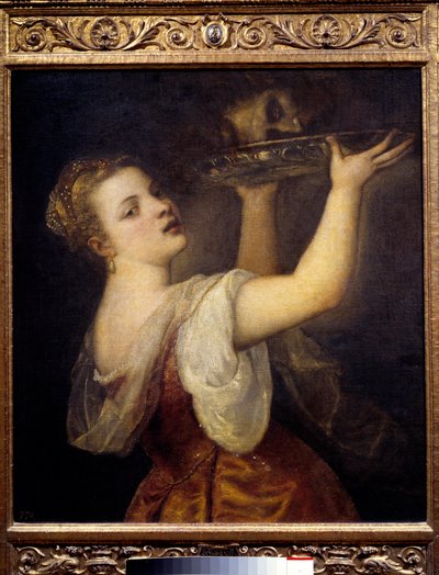 Salome trzymająca głowę św. Jana Chrzciciela Na bankiecie Salome, piękna córka Heroda Antypasa II (21 pne-39 ne) tańczy i prosi o głowę Jana Chrzciciela na planie jako prezent dla jego matki Herodiady. Obraz Tiziano Vecellio cal autorstwa Tiziano Vecelli