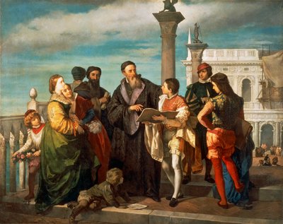 Spotkanie Tycjana (1488-1576) i młodej Veronese (1528-88) na Ponte della Paglia, reż. Antonio Zona (1814-1842), olej na płótnie autorstwa Titian (c.1488 1576)