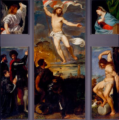 Zmartwychwstanie „”Dziewica””„„Święty Sebastian””” oraz sponsorzy. Panele poliptyku Averoldi. Obraz na drewnie Tiziano Vecellio zwany Tycjanem (ok. 1490-1576) Brescia XVI w., kościół świętych Nazzaro i Celso autorstwa Titian (c.1488 1576)
