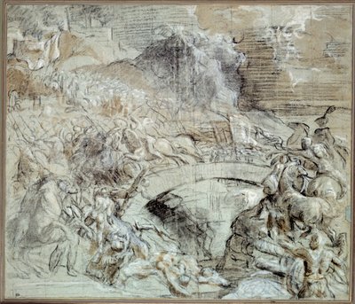 Wojny włoskie: „”Bitwa pod Cadore””” Bitwa, w której około 1508 r. miasto Pieve di Cadore sprzymierzyło się z Wenecjanami z oddziałami Maksymiliana I Habsburga. Rysunek czarnym kamieniem i pranie autorstwa Tiziano vecellio (1485-1576) zwanego Tycjanem. 16 autorstwa Tiziano Vecelli