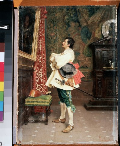 „Przed portretem” (Przed portretem) Mężczyzna ubrany w mundur muszkietera z XVII wieku, podziwia obraz (portret własny) Obraz Tito Conti (1842-1924) Muzeum Sztuki Michaiła Kroszyckiego, Sewastopol (Sewastopol) Ukraina autorstwa Tito Conti