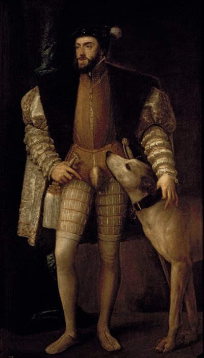 Karol V (1500-58) cesarz rzymski i król Hiszpanii ze swoim psem, 1533 autorstwa Tiziano Vecelli