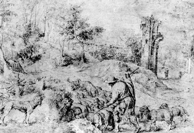 Pejzaż z pasterzem i stadem, c1520, 1937 autorstwa Tiziano Vecelli