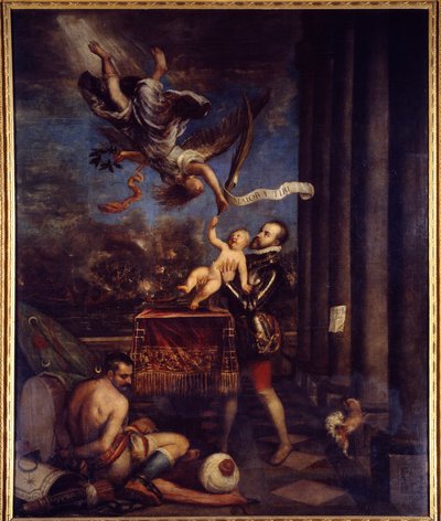 Filip II po zwycięstwie pod Lepante (1571) ofiarował niebu księcia Don Ferdynanda. Obraz Tiziano Vecellio pt. Tycjan (1485-1576). Olej na płótnie. Wymiary: 3,35 X 2,74m. Madryt, Muzeum Prado. autorstwa Tiziano Vecelli