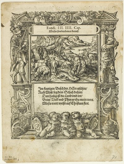 Mojżesz i gorejący krzew (recto) oraz Dzieciątko Mojżesz wrzucone do rzeki (verso) z Neue künstliche Figuren biblischer Historien, tablica 55 z drzeworytów z ksiąg XVI w. autorstwa Tobias Stimmer