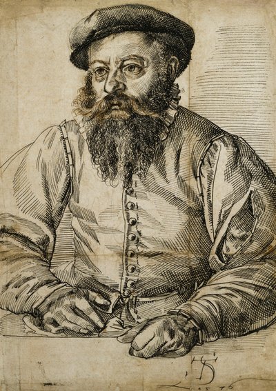 Portret brodatego mężczyzny, do połowy długości, siedzącego przy stole, autorstwa Tobias Stimmer