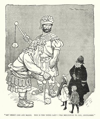 „Ach! Oto Gog i Magog. To ta młoda dama, o której wam wspominałem, panowie” (litografia) autorstwa Tom Browne