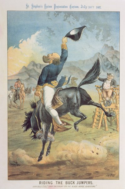 Dosiadający Buck Jumpers, Lord Salisbury na czarnym koniu, Gladstone, z 