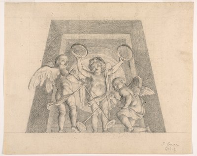 Trzy putta z tamburynami i trąbkami, projekt lunet Sala delle Muse, Museo Pio-Clementino, Watykan autorstwa Tommaso Maria Conca