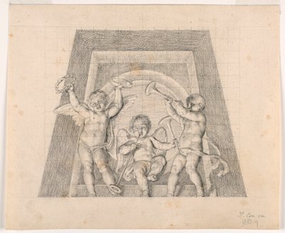 Trzy putta z trąbkami, projekt lunet Sala delle Muse, Muzeum Pio-Clementino, Watykan autorstwa Tommaso Maria Conca