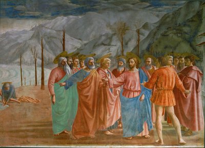 Jezus, święty Piotr i celnik (fresk) autorstwa Tommaso Masaccio