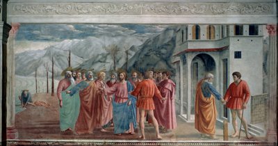 Zapłata daniny (The Tribute Money). Jezus i apostołowie przybywają do Kafarnaum (lub Kefar Nahum, miasta Galilei, dzisiaj w Izraelu), gdzie muszą zapłacić podatek, aby wejść. Po lewej Jezus wyjaśnia Piotrowi, że musi złowić rybę w autorstwa Tommaso Masaccio