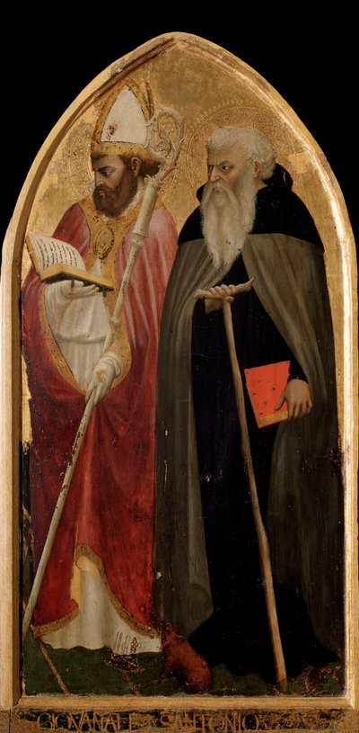 Tryptyk San Giovenale: prawy panel ze św. Antonim Wielkim i św. Juwenalem (Giovenale) - ołtarz autorstwa Tommaso Masaccio