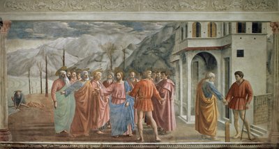 Tribute Money - Le paiement du tribute (Hołd) - Fresk Tommaso di ser Giovanni di Mone Cassai dit Masaccio (1401-1428), 254,5x598,3 cm autorstwa Tommaso Masaccio