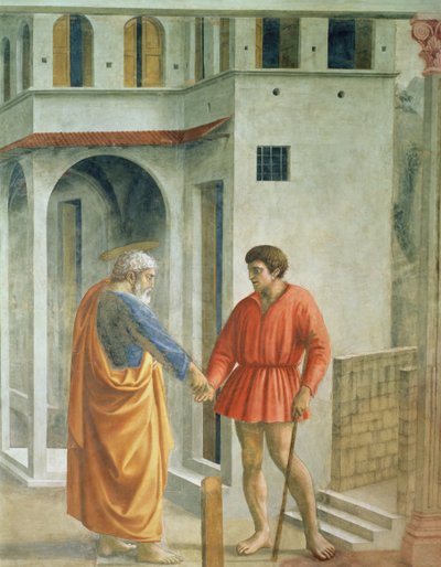 Piotr płaci poborcy podatkowemu - detal fresku 31642, ok. 1427 r. autorstwa Tommaso Masaccio