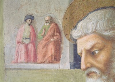Św. Piotr Uzdrowienie kaleki i podniesienie Tabithy Detal Głowy Św. Piotra z dwiema siedzącymi postaciami w oddali, fresk z ok. 1427 patrz także 57195 autorstwa Tommaso Masolino da Panicale
